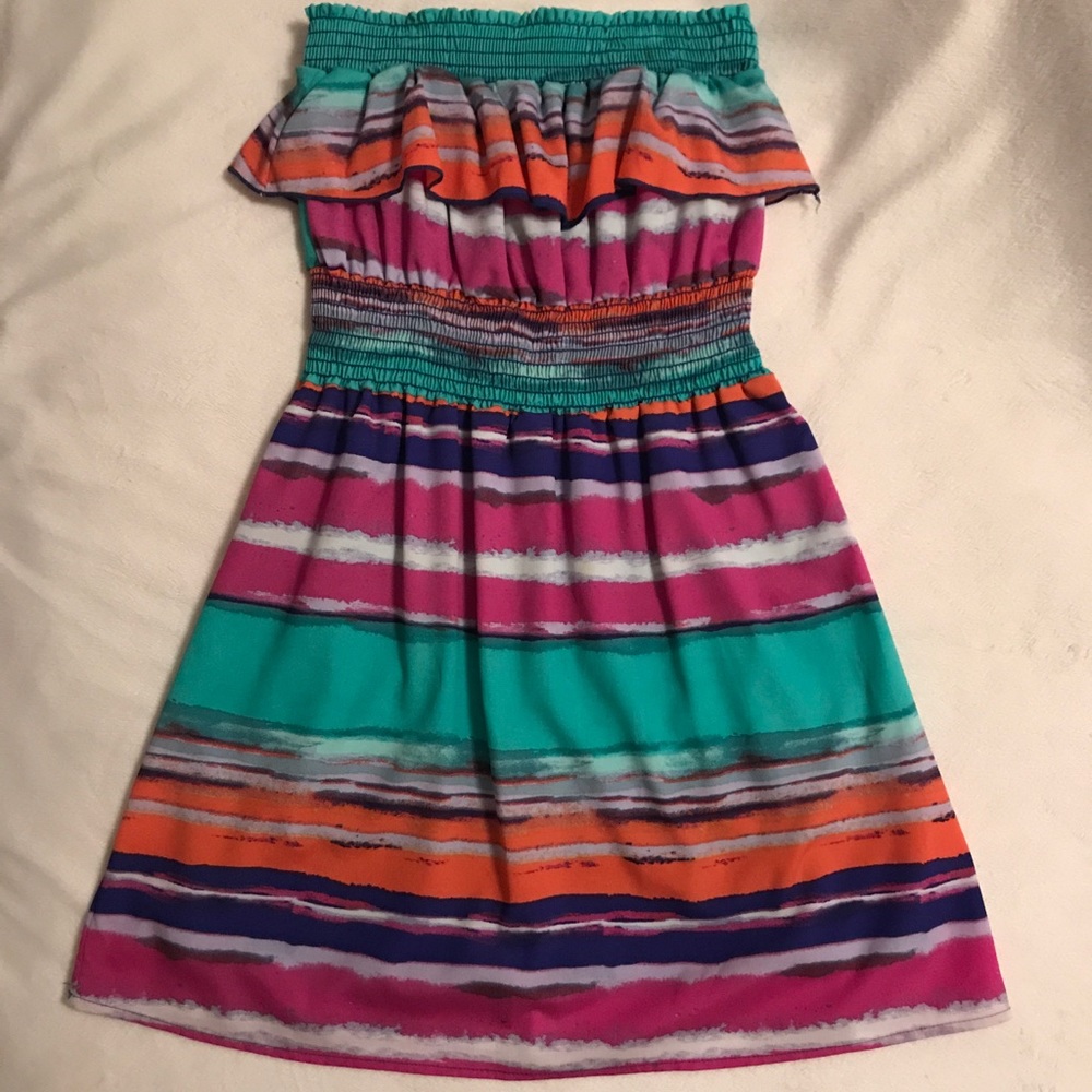 Girls Strapless Abstract Multi-color Dress, Size M